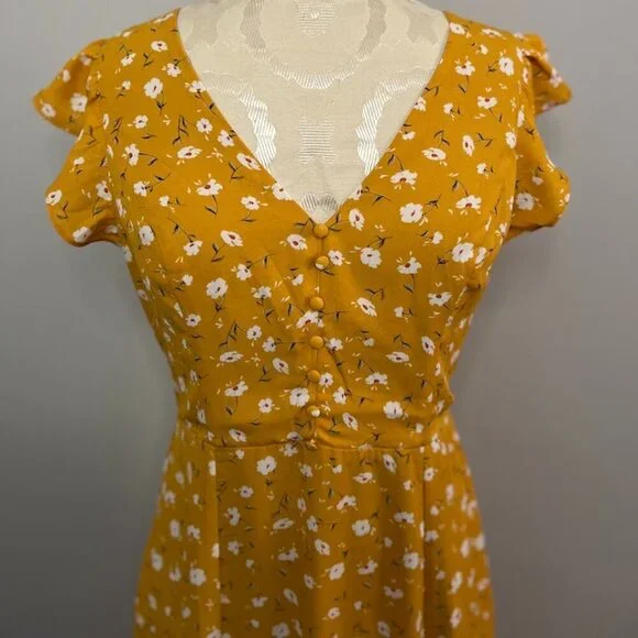 Lulus Women Size M Mustard Yellow Floral Print Backless Maxi Dress Slit - Picture 2 of 6